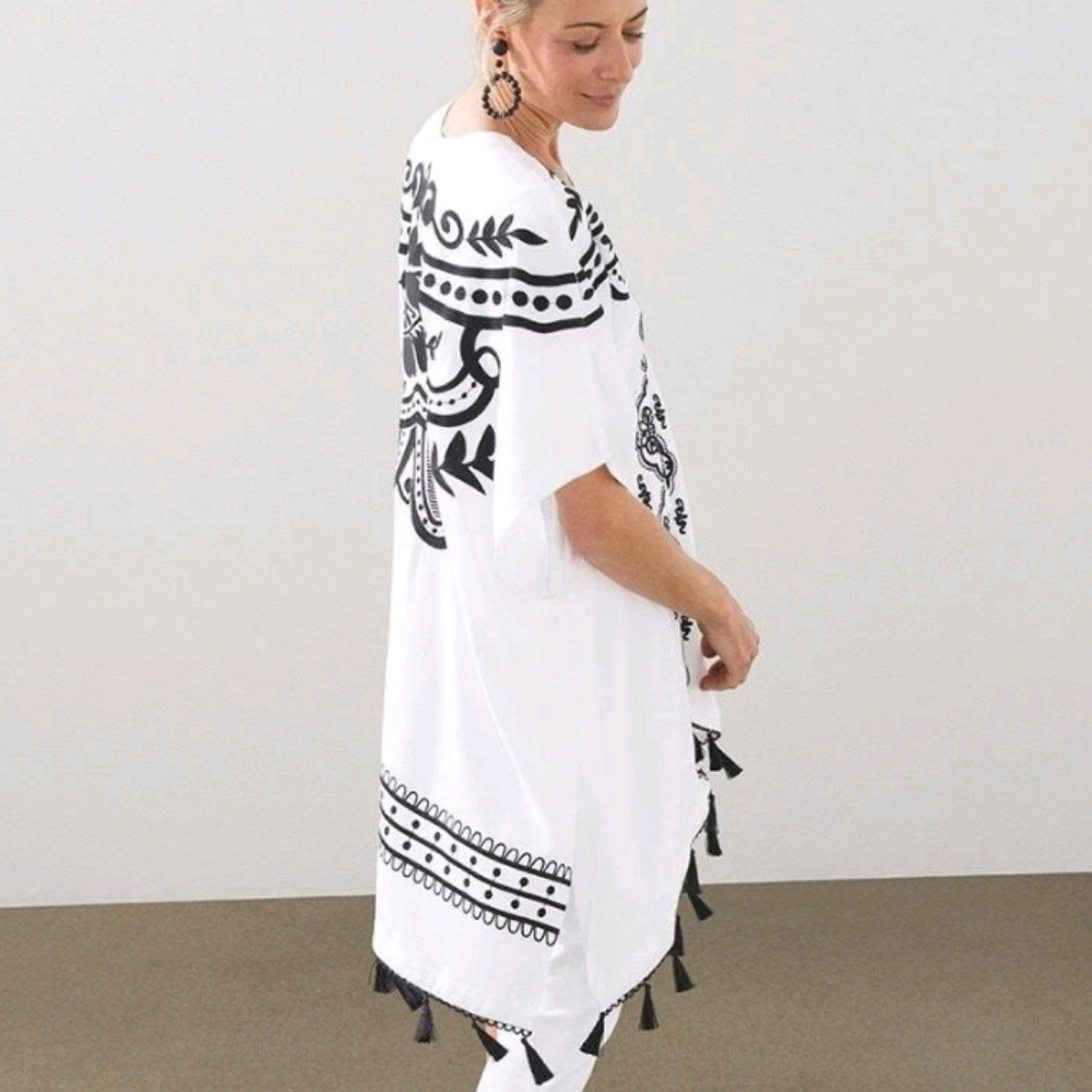 Chicos Kimono Tassel Ruana Floral Embroidered Caftan S/M Rayon - Picture 3 of 10